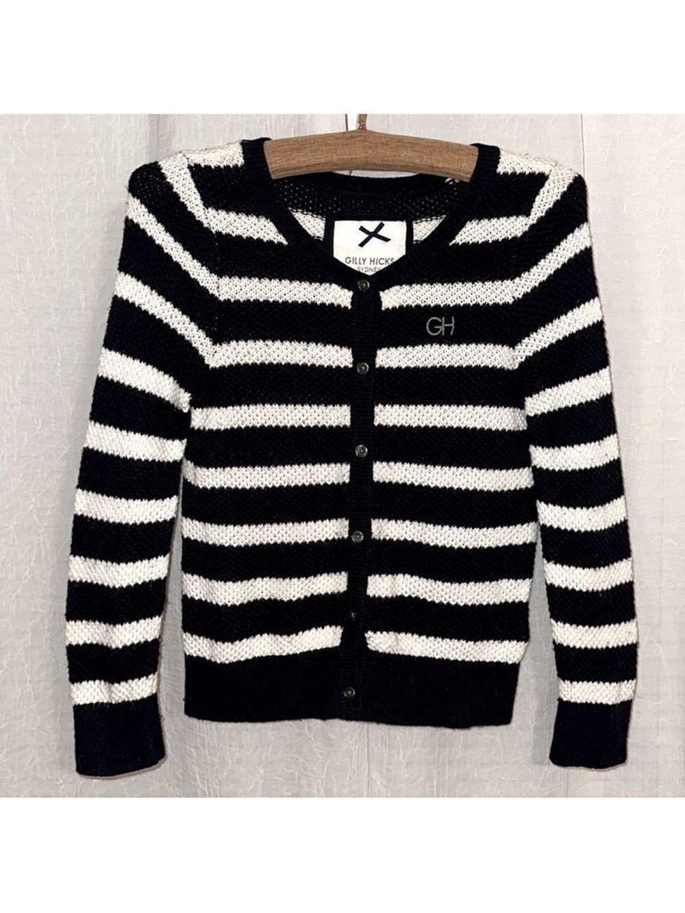 GH for Hollister M Sydney Navy White Knit Striped Long Sl Button Front Cardigan